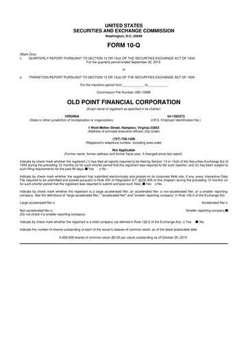 Thumbnail Old Point Financial 10-Q Quarterly Report FY2015 