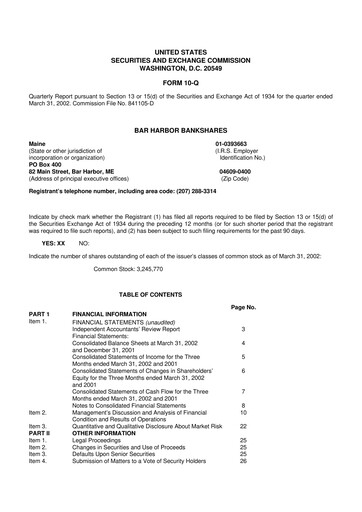 Thumbnail Bar Harbor Bankshares

 10-Q Quarterly Report FY 