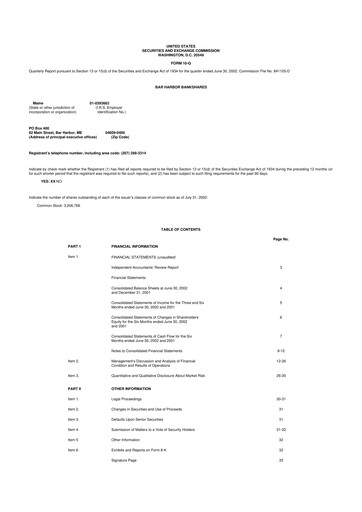 Thumbnail Bar Harbor Bankshares

 10-Q Quarterly Report FY 