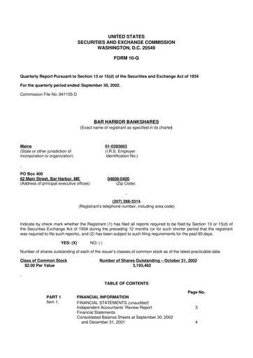 Thumbnail Bar Harbor Bankshares

 10-Q Quarterly Report FY 