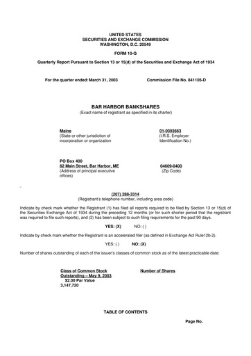 Thumbnail Bar Harbor Bankshares

 10-Q Quarterly Report FY 