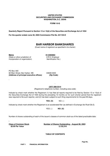 Thumbnail Bar Harbor Bankshares

 10-Q Quarterly Report FY 