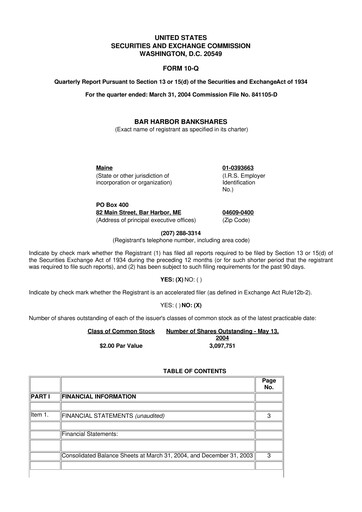 Thumbnail Bar Harbor Bankshares

 10-Q Quarterly Report FY 