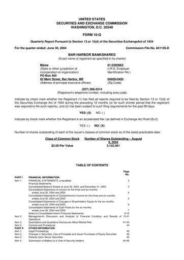 Thumbnail Bar Harbor Bankshares

 10-Q Quarterly Report FY 