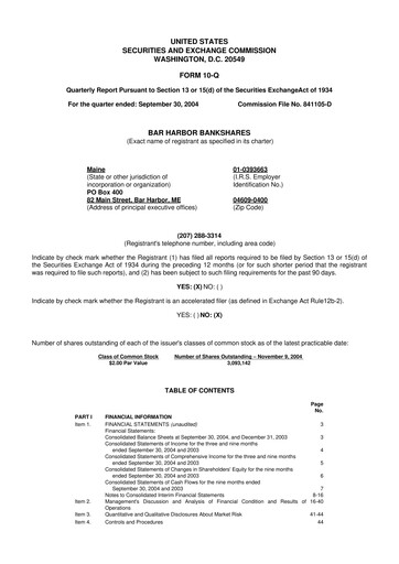 Thumbnail Bar Harbor Bankshares

 10-Q Quarterly Report FY 