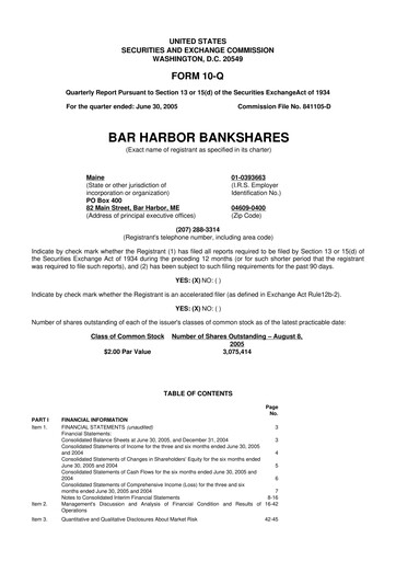 Thumbnail Bar Harbor Bankshares

 10-Q Quarterly Report FY 
