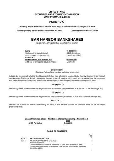 Thumbnail Bar Harbor Bankshares

 10-Q Quarterly Report FY 