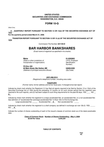 Thumbnail Bar Harbor Bankshares

 10-Q Quarterly Report FY 