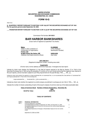 Thumbnail Bar Harbor Bankshares

 10-Q Quarterly Report FY 