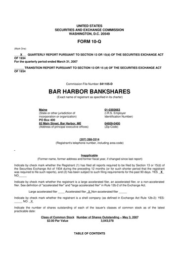 Thumbnail Bar Harbor Bankshares

 10-Q Quarterly Report FY 