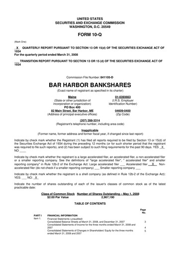 Thumbnail Bar Harbor Bankshares

 10-Q Quarterly Report FY 