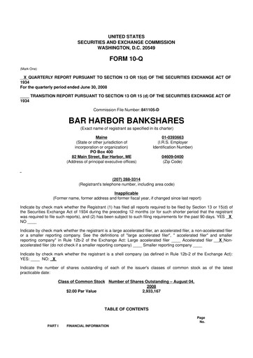 Thumbnail Bar Harbor Bankshares

 10-Q Quarterly Report FY 