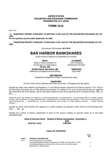 Thumbnail Bar Harbor Bankshares

 10-Q Quarterly Report FY 