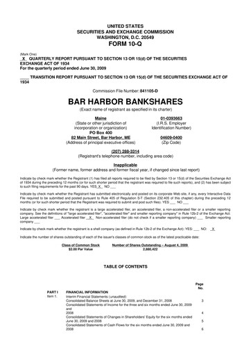 Thumbnail Bar Harbor Bankshares

 10-Q Quarterly Report FY 