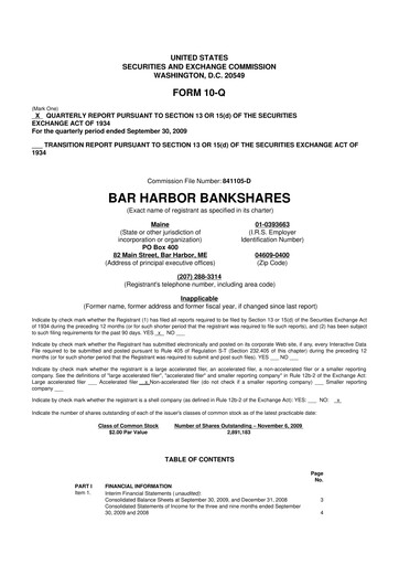 Thumbnail Bar Harbor Bankshares

 10-Q Quarterly Report FY 