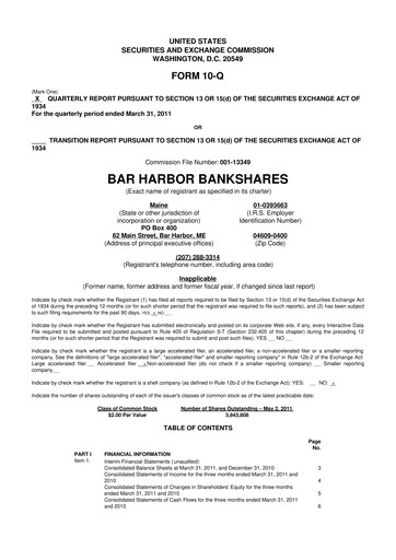 Thumbnail Bar Harbor Bankshares

 10-Q Quarterly Report FY 