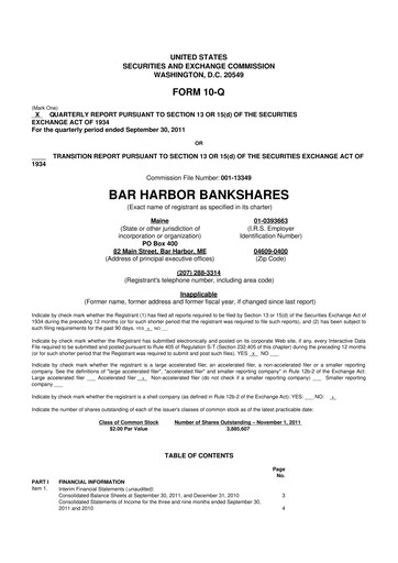 Thumbnail Bar Harbor Bankshares

 10-Q Quarterly Report FY2011 
