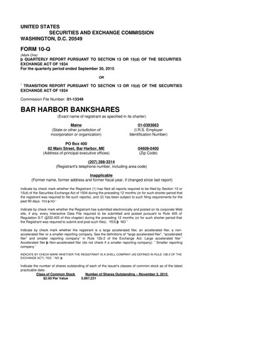 Thumbnail Bar Harbor Bankshares

 10-Q Quarterly Report FY2015 