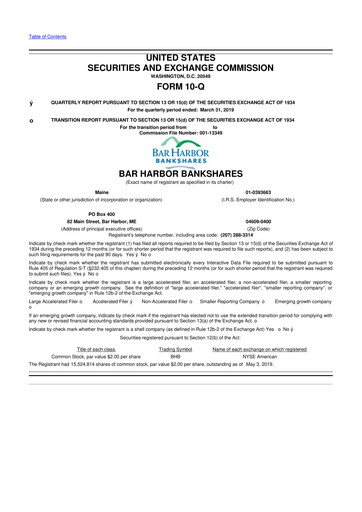 Thumbnail Bar Harbor Bankshares

 10-Q Quarterly Report FY2019 