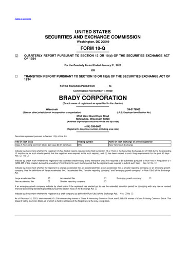 Thumbnail Brady Corporation 10-Q Quarterly Report FY 