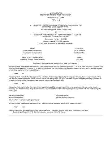 Thumbnail Camden National Corporation
 10-Q Quarterly Report FY2013 