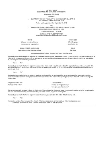 Thumbnail Camden National Corporation
 10-Q Quarterly Report FY2018 