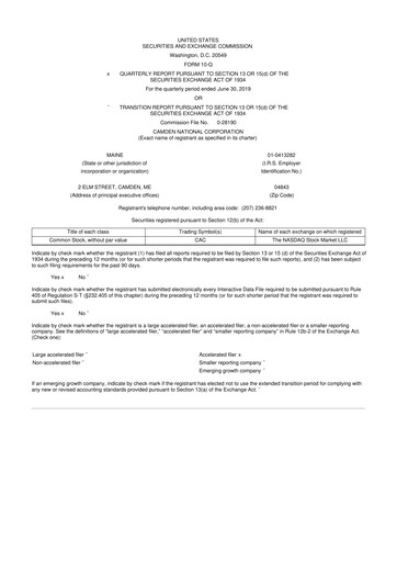 Thumbnail Camden National Corporation
 10-Q Quarterly Report FY2019 