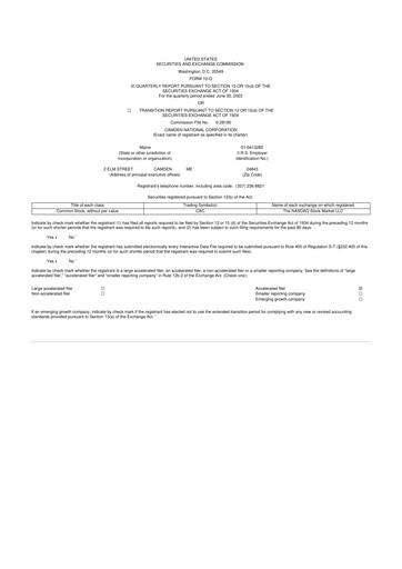 Thumbnail Camden National Corporation
 10-Q Quarterly Report FY2022 