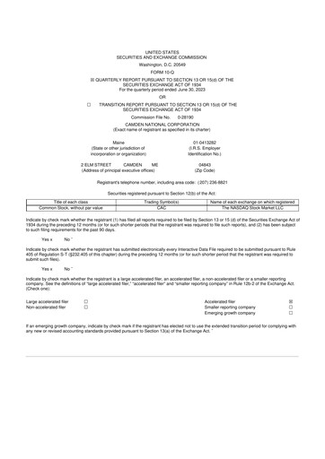 Thumbnail Camden National Corporation
 10-Q Quarterly Report FY2023 