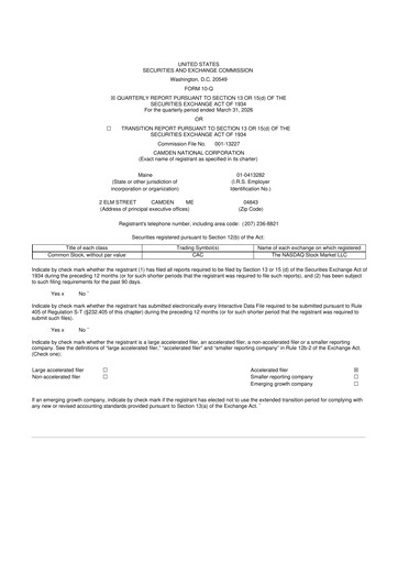 Thumbnail Camden National Corporation
 10-Q Quarterly Report FY 