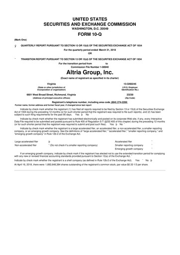 Thumbnail Altria Group 10-Q Quarterly Report FY2018 