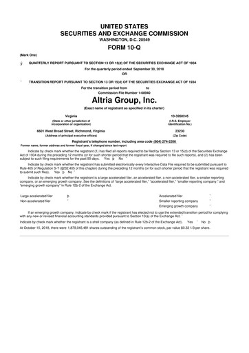Thumbnail Altria Group 10-Q Quarterly Report FY2018 