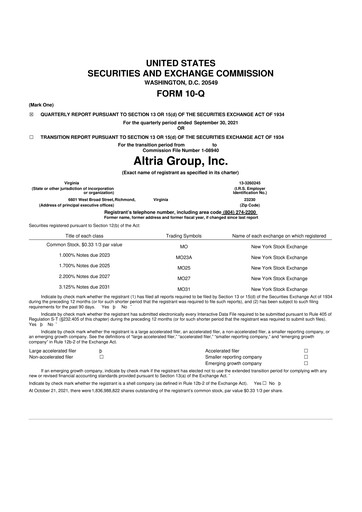 Thumbnail Altria Group 10-Q Quarterly Report FY2021 