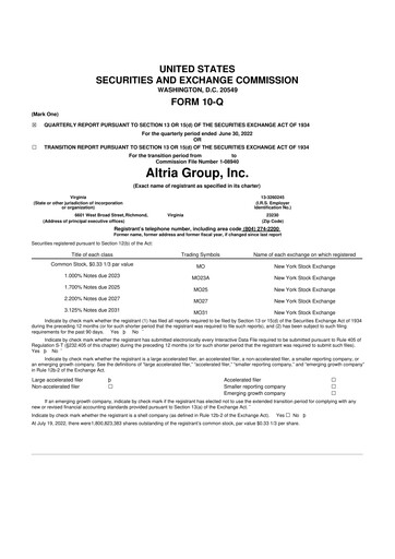 Thumbnail Altria Group 10-Q Quarterly Report FY2022 