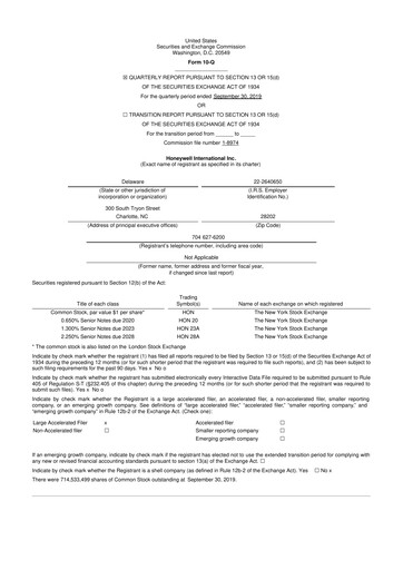 Thumbnail Honeywell 10-Q Quarterly Report FY2019 