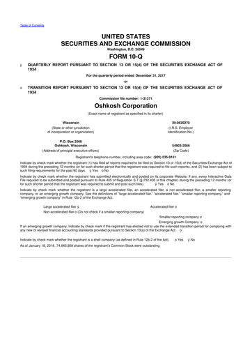 Thumbnail Oshkosh Corporation
 10-Q Quarterly Report FY2018 
