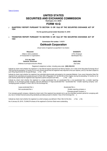 Thumbnail Oshkosh Corporation
 10-Q Quarterly Report FY2019 