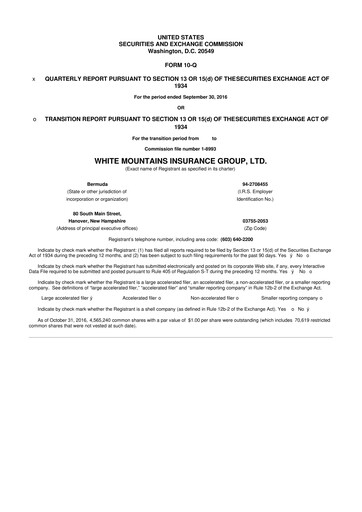 Miniature White Mountains Insurance Group 10-Q Rapport trimestriel 2016 