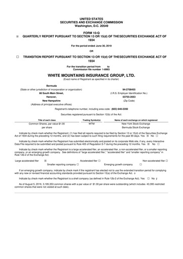 Miniature White Mountains Insurance Group 10-Q Rapport trimestriel 2019 