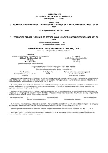 Miniature White Mountains Insurance Group 10-Q Rapport trimestriel 2021 