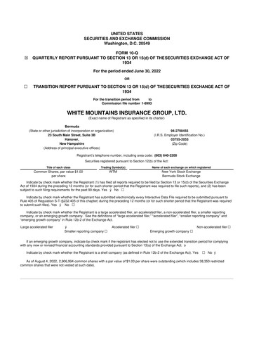 Miniature White Mountains Insurance Group 10-Q Rapport trimestriel 2022 