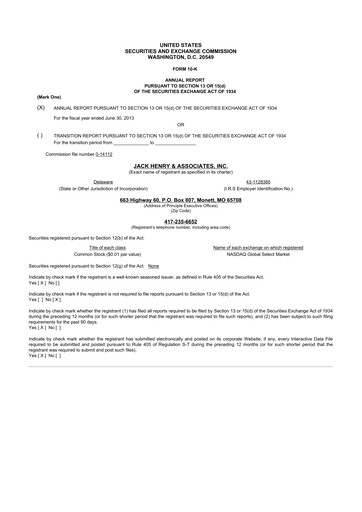 Thumbnail Jack Henry & Associates

 10-K Annual Report 2013