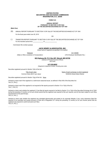 Thumbnail Jack Henry & Associates

 10-K Annual Report 2015