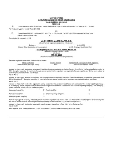 Thumbnail Jack Henry & Associates

 10-Q Quarterly Report FY 