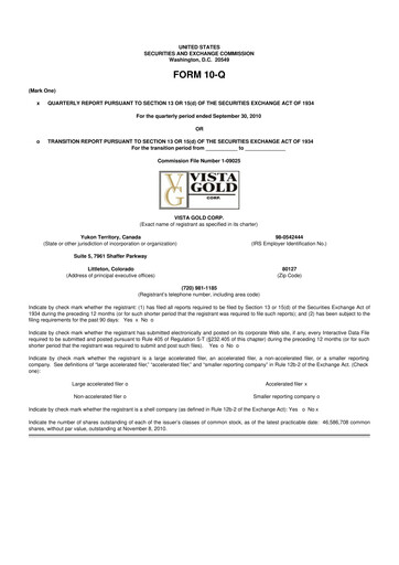 Miniature Vista Gold
 10-Q Rapport trimestriel  