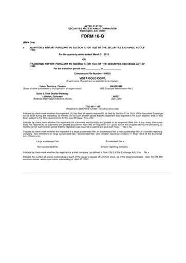 Miniature Vista Gold
 10-Q Rapport trimestriel 2013 