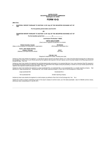 Miniature Vista Gold
 10-Q Rapport trimestriel 2013 