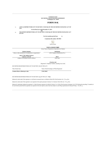 Thumbnail Vista Gold
 10-K Annual Report 2013