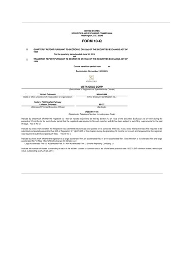 Miniature Vista Gold
 10-Q Rapport trimestriel 2014 