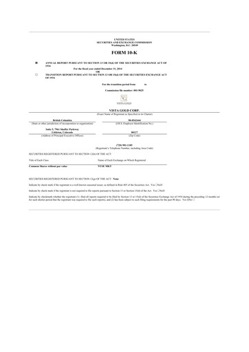 Thumbnail Vista Gold
 10-K Annual Report 2014